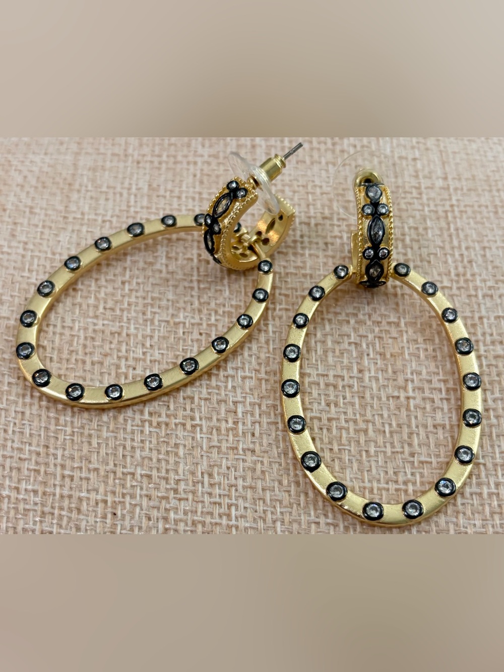 NEW Matte Gold Hoop Earrings with Black Accents and Crystal Studs Lightweight